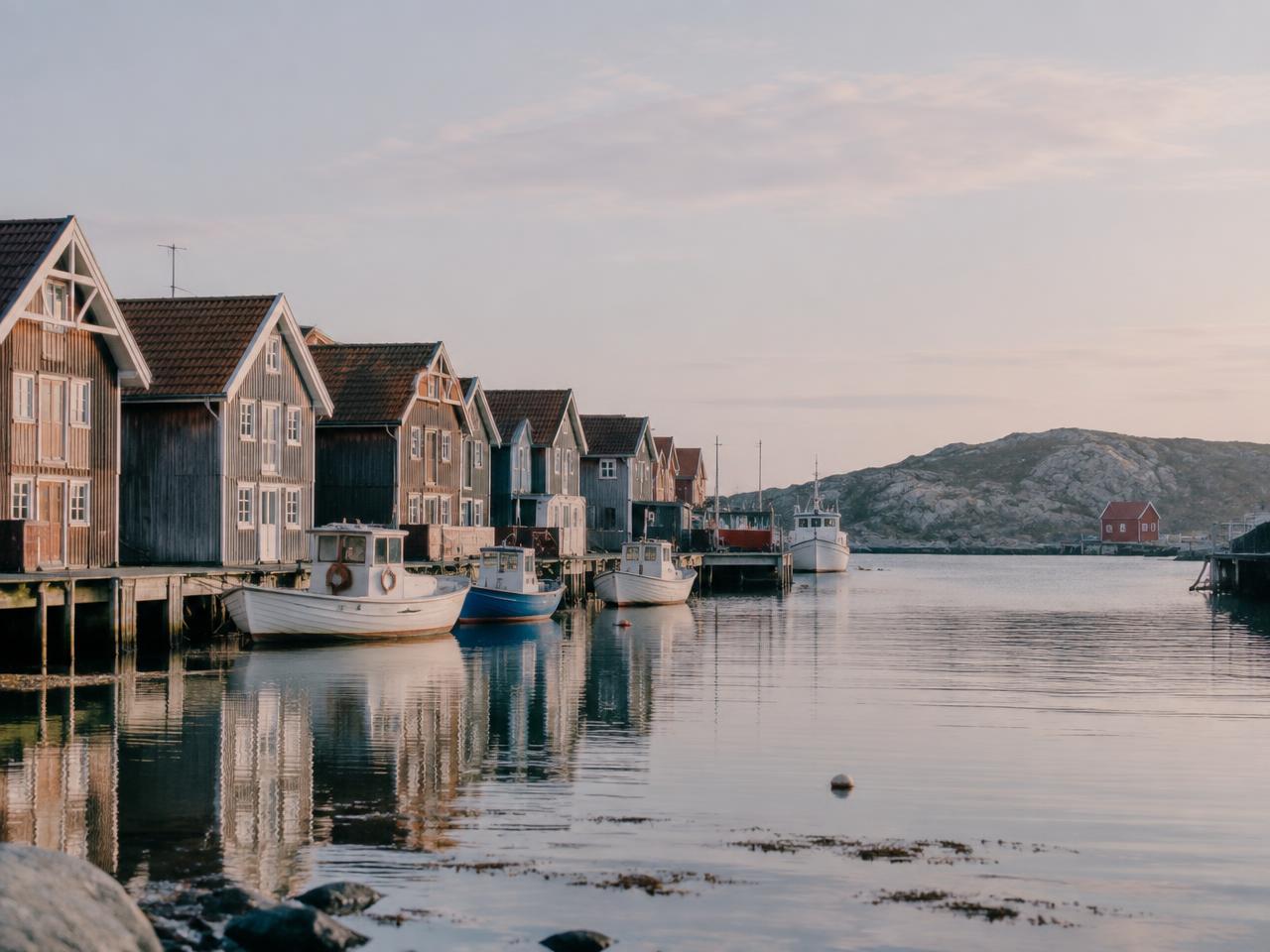 Sjöbodar och båtar i Grebbestads hamn